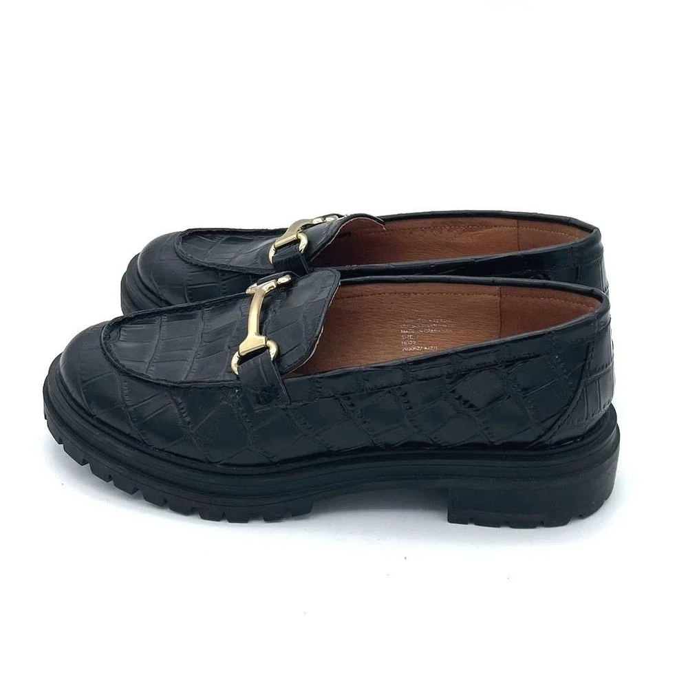 Madewell Black Leather Crocodile Textured Black and Gold Chain Academia Loafer 7